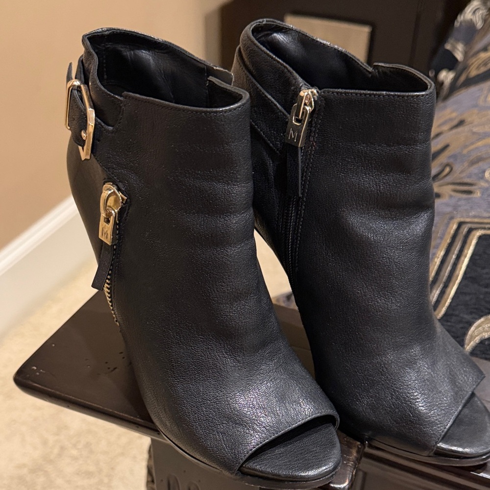 Marciano Black Peep-Toe Heeled Ankle Boots with Gold Hardware